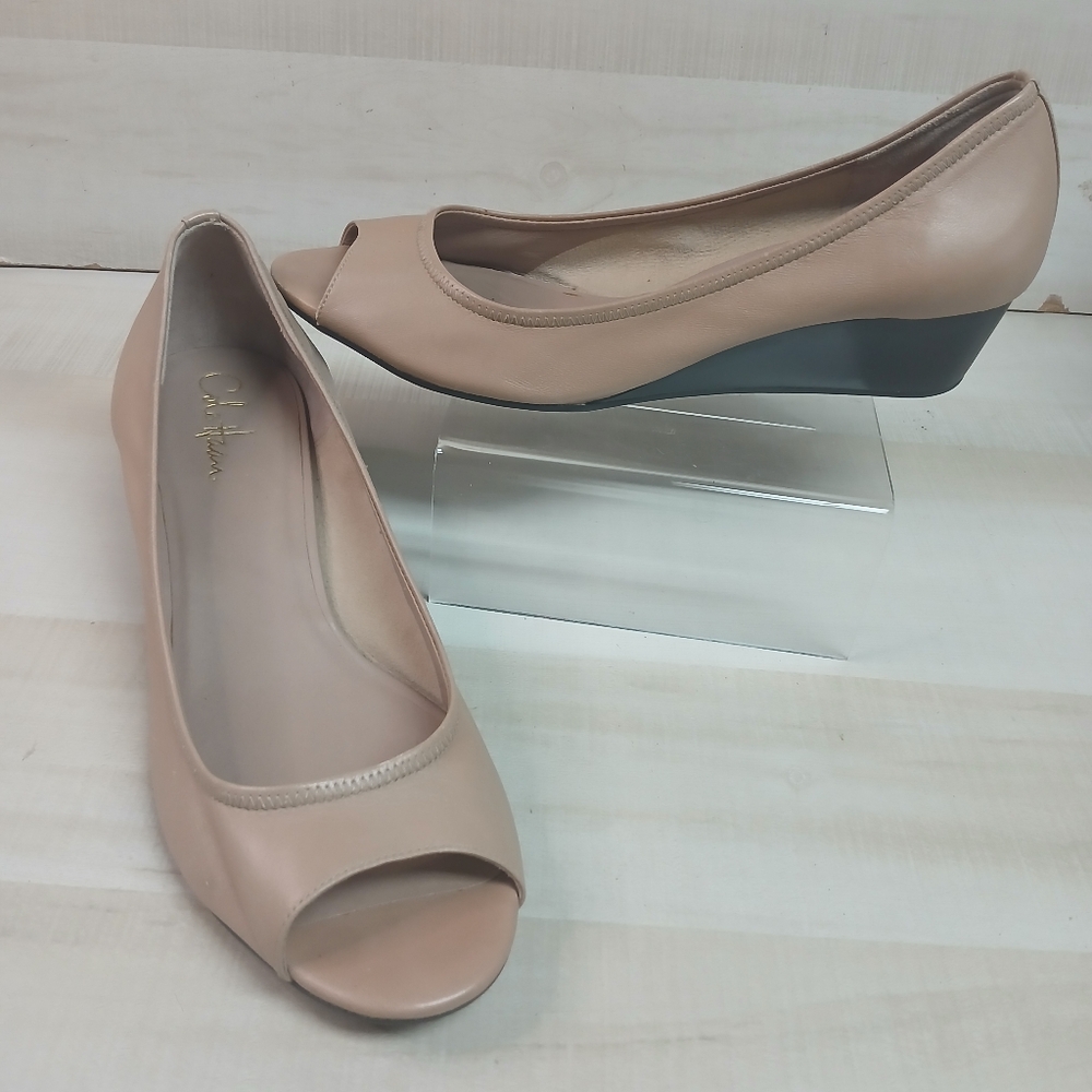 COLE HAAN NIKEAIR WEDGE PUMP TAN LEATHER OPEN TOE  9.5B